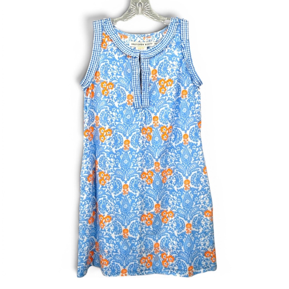 Gretchen Scott Shift Dress Women S Blue Floral Gingham Trim Pockets Sleeveless
